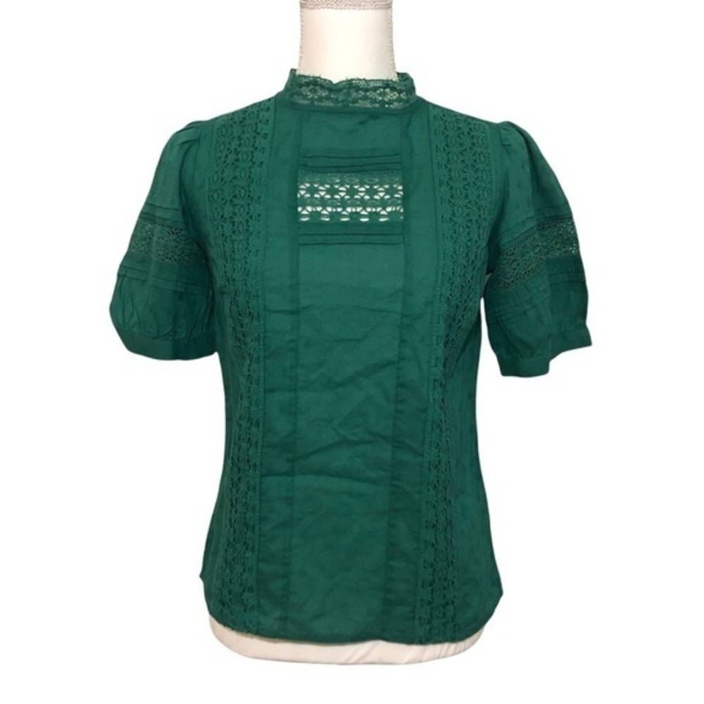 NWOT Teal Green Crochet Trim High Neck Peasant Top Blouse Puff Sleeve New - Picture 3 of 11